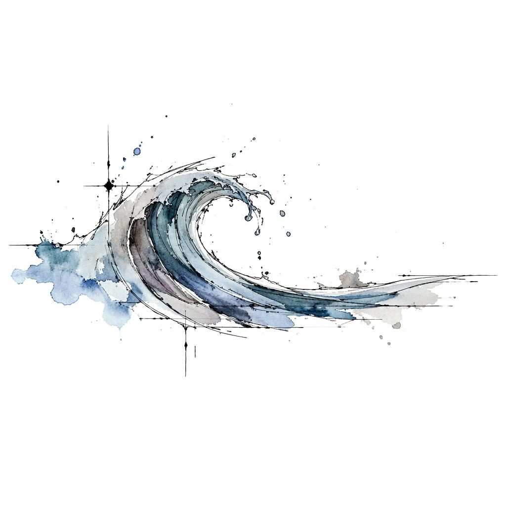Concept de tatouage sur papier blanc : vague minimaliste en fineline avec éclaboussures aquarelle, style flash