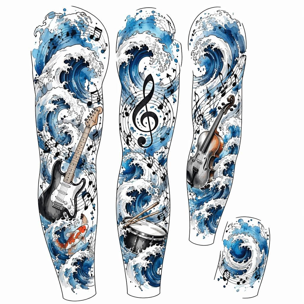 Diseño de tatuaje de ola japonesa estilo acuarela sobre papel blanco, ilustración tipo flash de alto contraste.