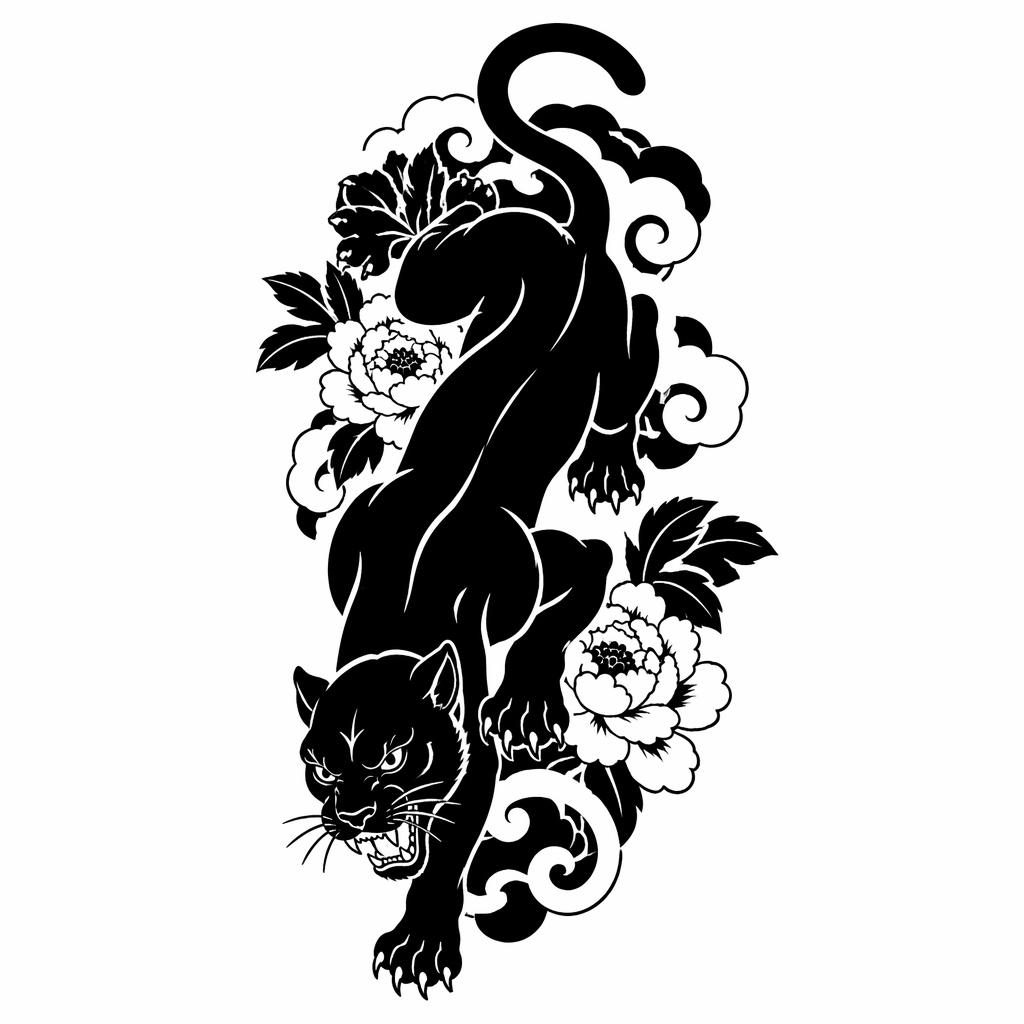 Blackwork-Panther als Tattoo-Design auf weißem Papier, japanischer Irezumi-Stil, klare Linien, hoher Kontrast
