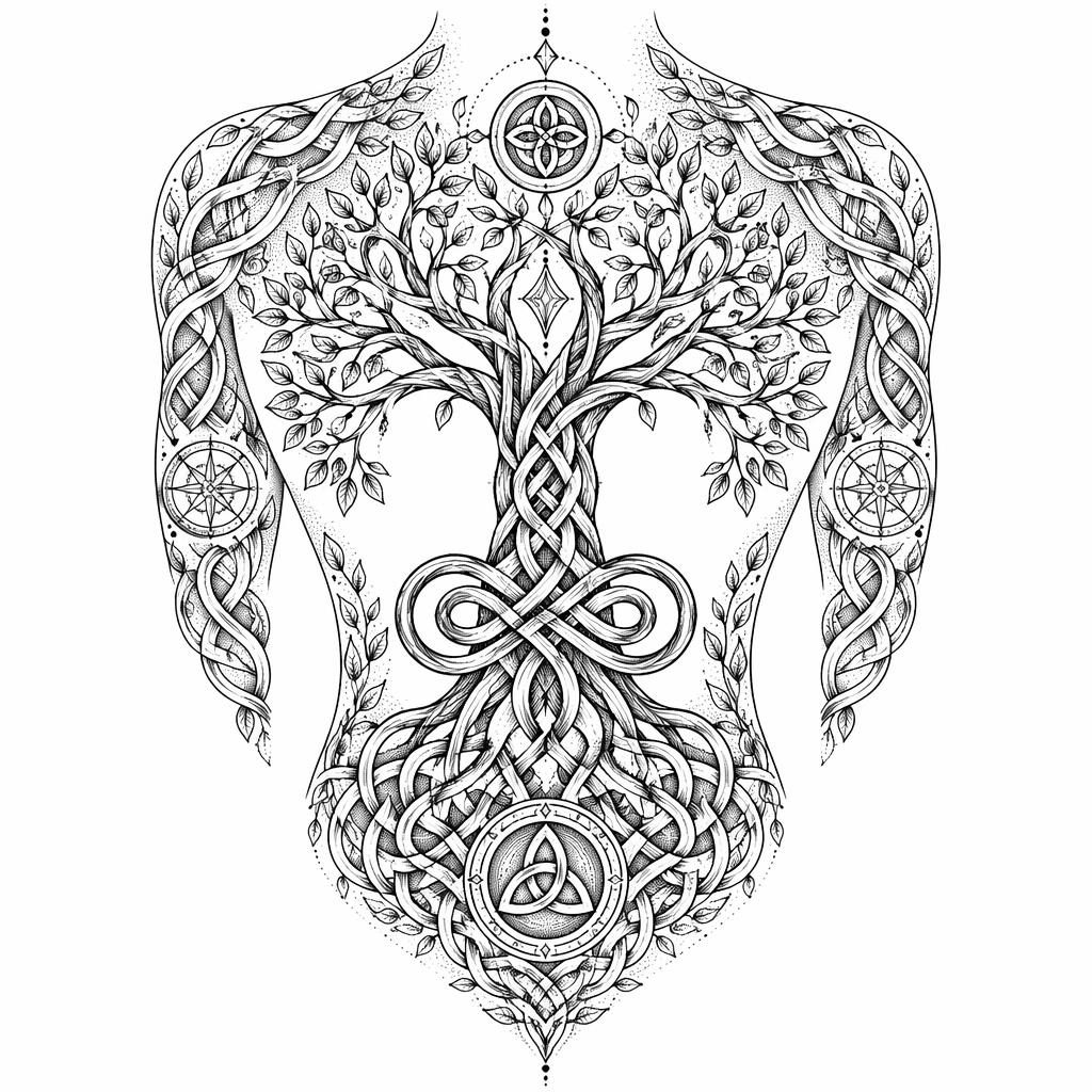 Geometric dotwork Celtic Tree of Life tattoo design on white paper, arranged as a clean full sleeve panel flash sheet.