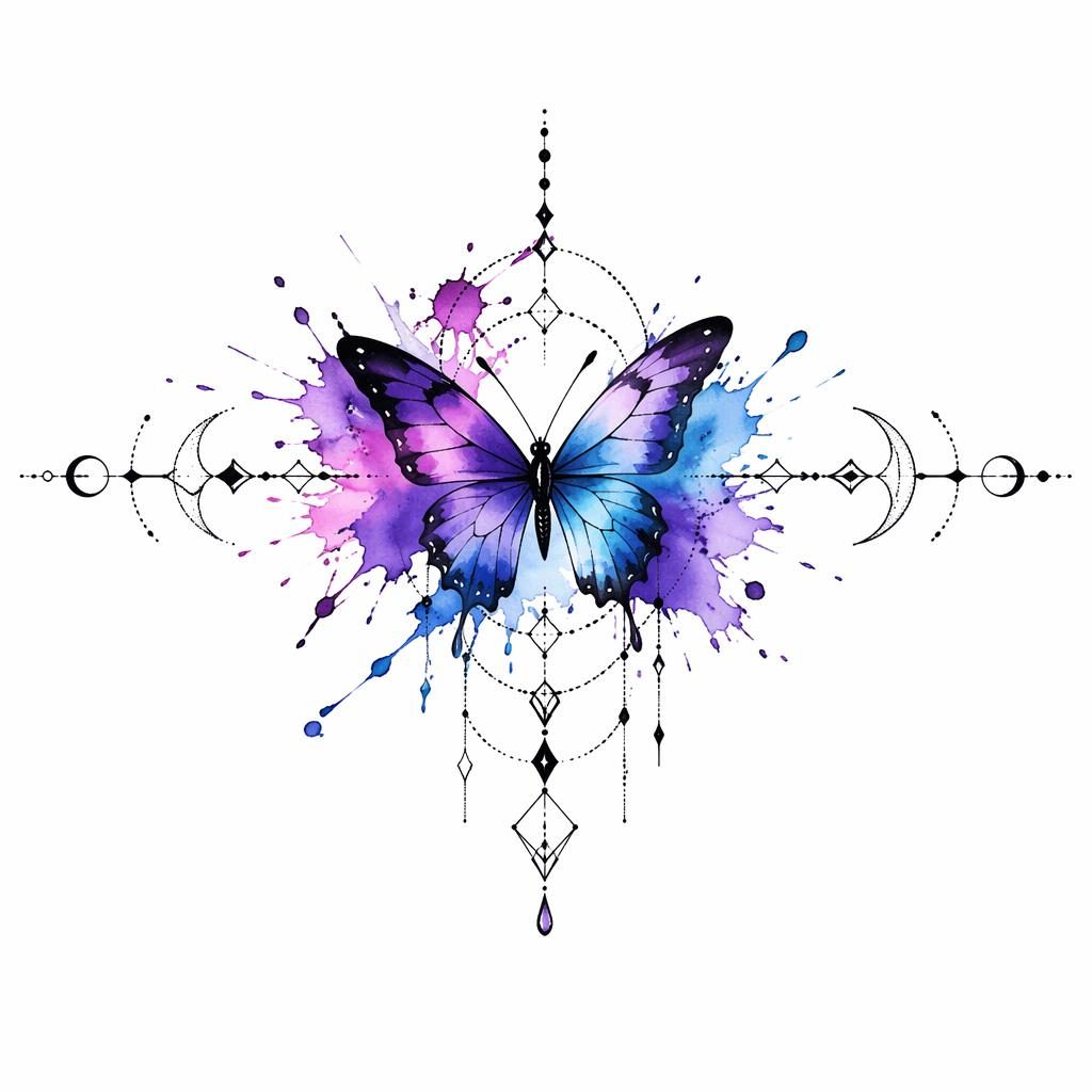 Diseño de tatuaje en papel blanco con mariposa de acuarela, líneas geométricas y puntillismo, estilo flash limpio.