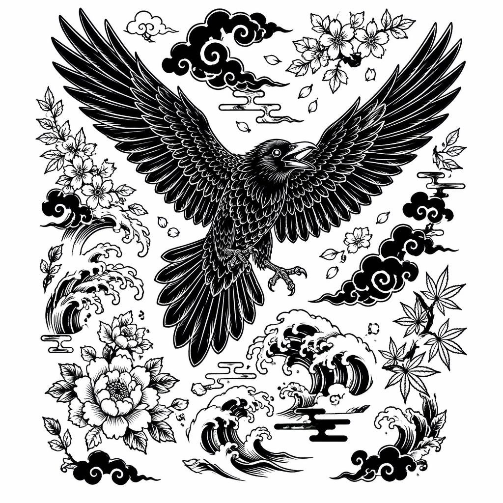 Blackwork raven with spread wings drawn on white paper, sharp high-contrast lines in clean flash-sheet style.