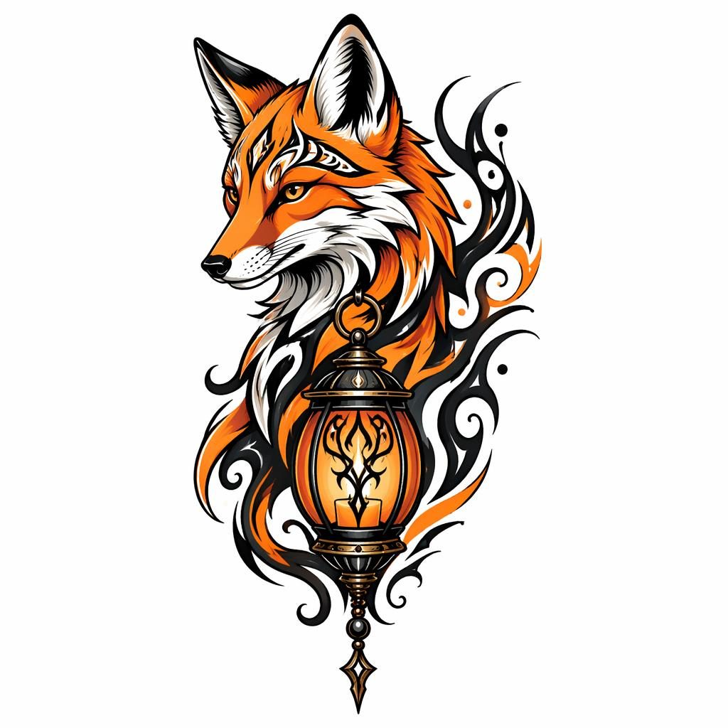 Tattoo-Design auf weißem Papier: neo-traditionelle Fuchs-Laterne im Tribal-Stil, kontrastreich mit scharfen Linien.