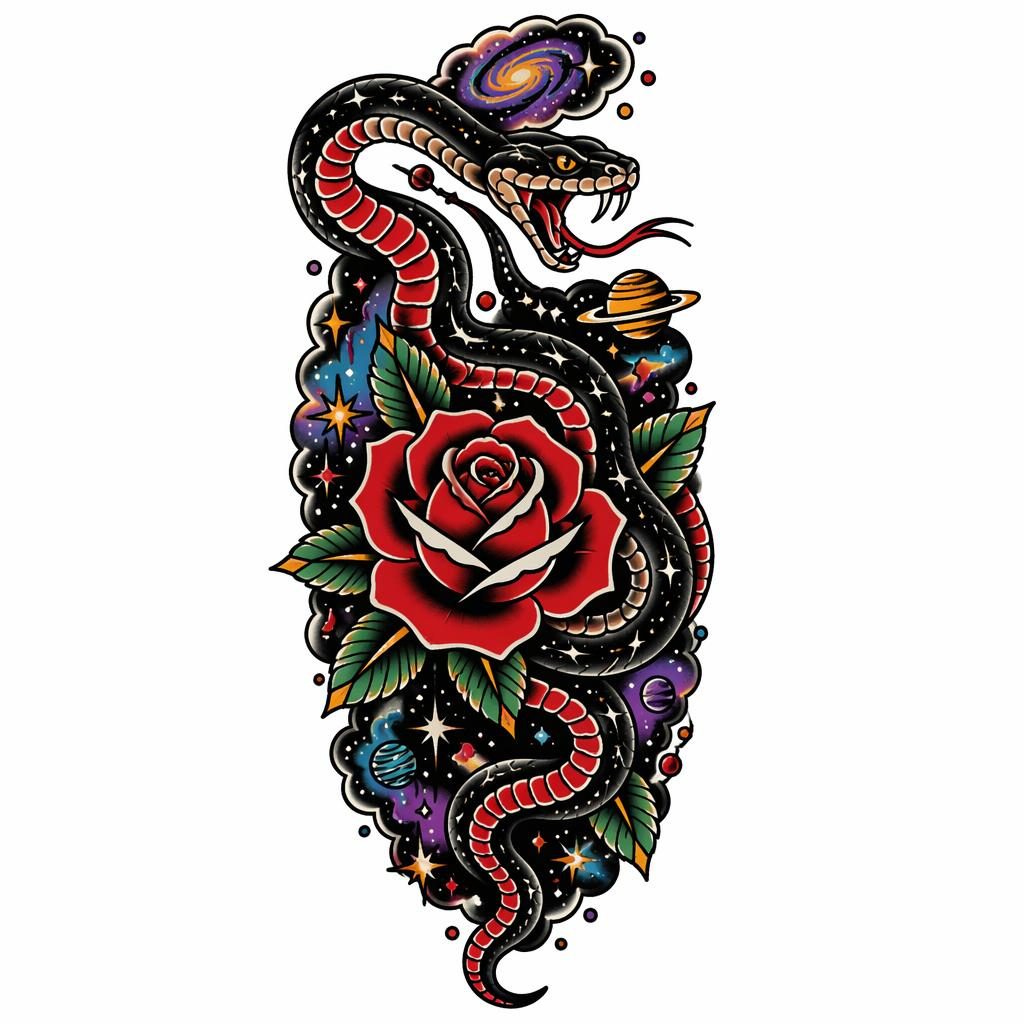 Diseño de tatuaje en papel blanco con serpiente y rosa estilo tradicional americano, líneas nítidas y alto contraste.