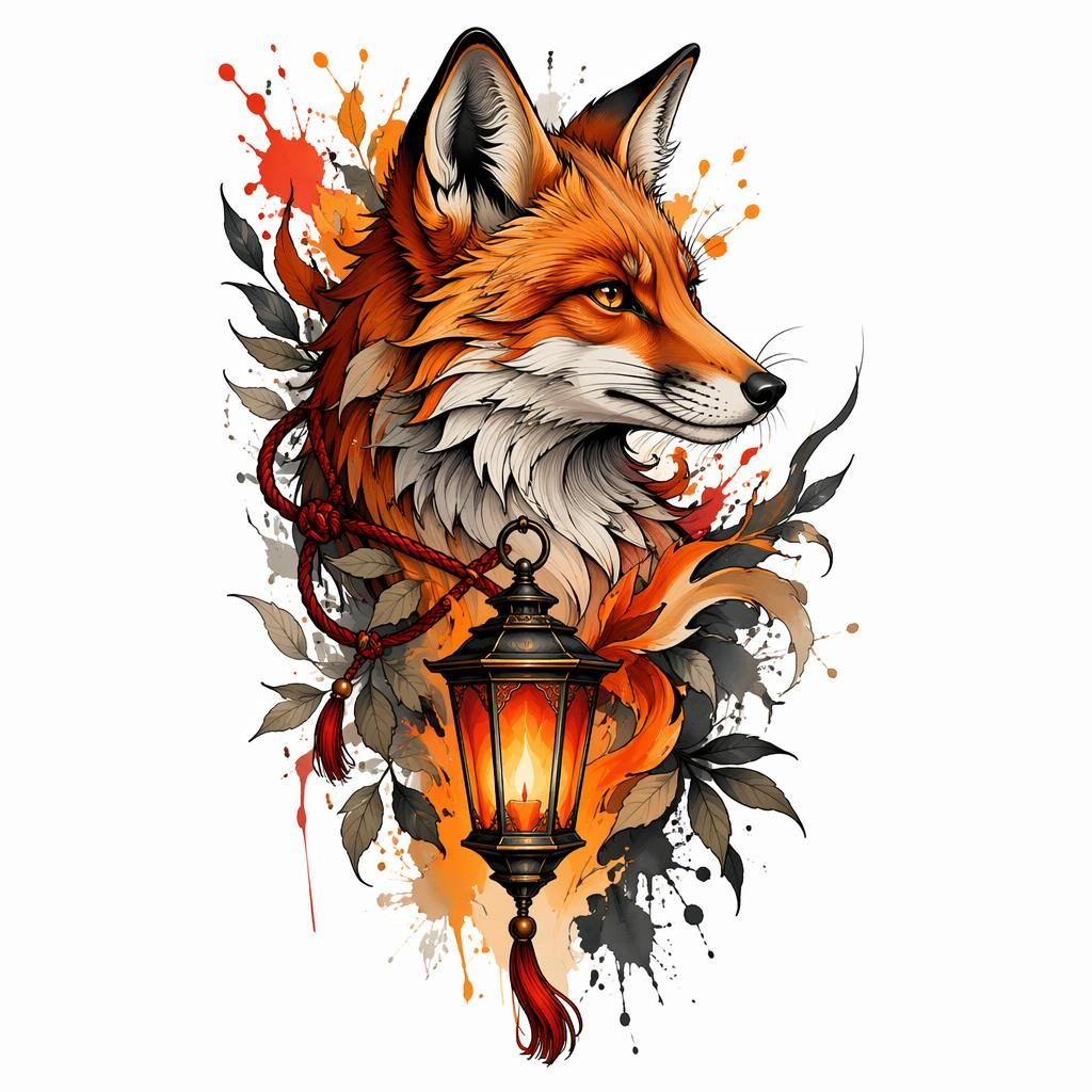 Neo traditional fox lantern tattoo design on white paper with watercolor splash, sharp black lines, and plain white background.