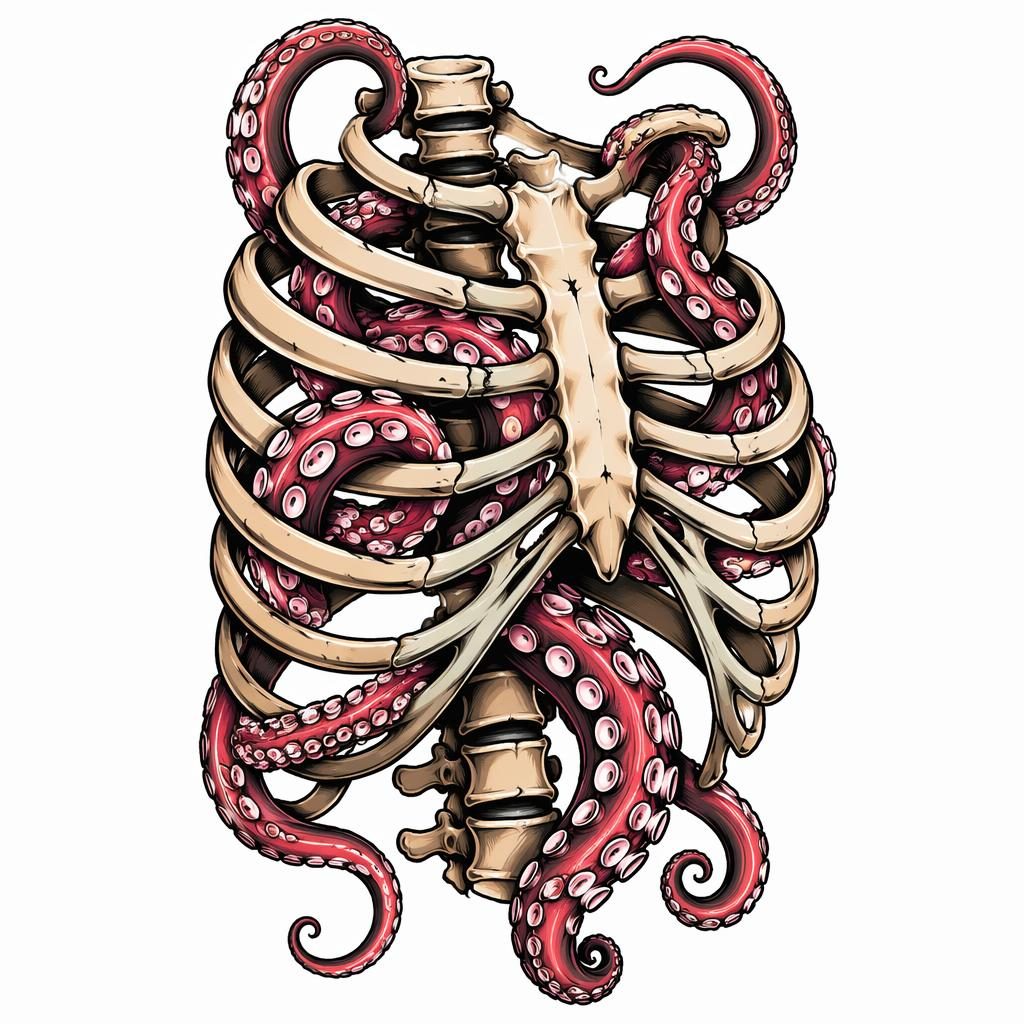 Tattoo-Design auf weißem Papier mit Oktopus-Tentakeln für die Rippen, neo-traditional, klare Linien, hoher Kontrast