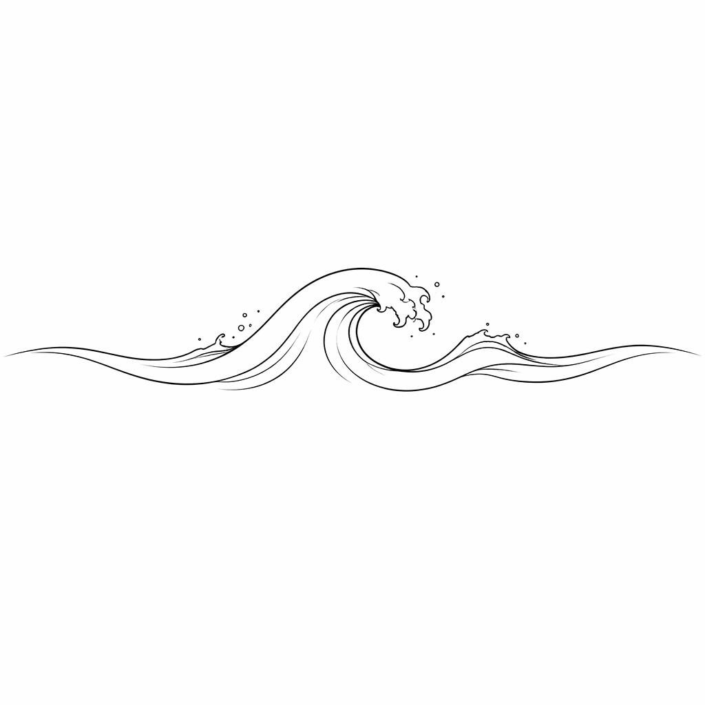 Minimalistische Fineline-Welle als Tattoo-Design auf weißem Papier, klare schwarze Linien, Flash-Sheet-Stil.