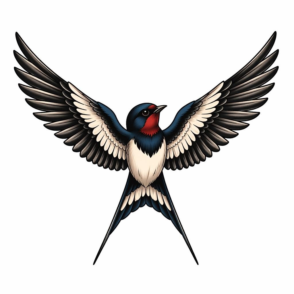 Traditional swallow chest tattoo flash design on white paper, high-contrast lines, clean realistic illustration on plain white background.