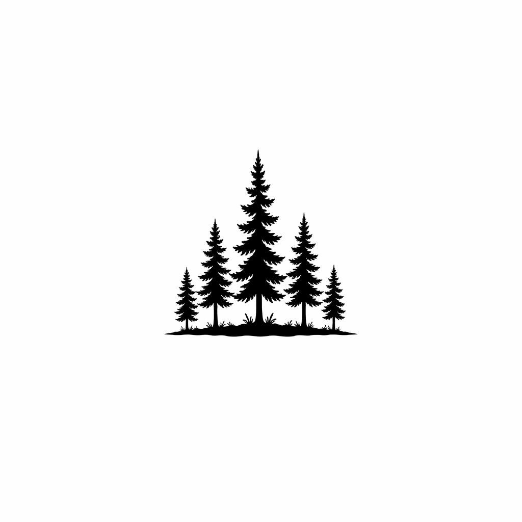 Tiny blackwork forest silhouette tattoo design on white paper with sharp, high-contrast lines and clean flash-sheet style