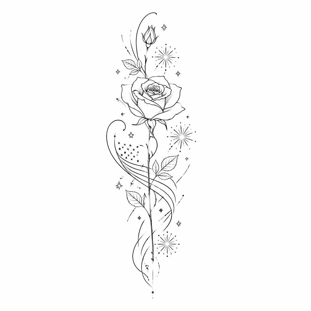 Minimalist fineline rose tattoo flash drawn on white paper with sharp black lines and clean high-contrast detailing.