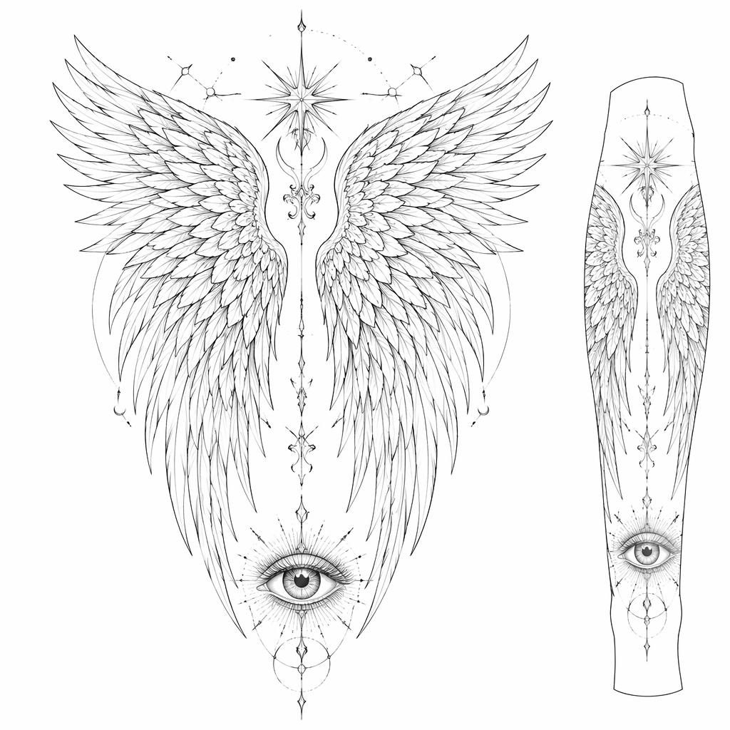 Fineline-Tattoo-Design auf weißem Papier mit minimalistischen Engelsflügeln, klaren Linien und Flash-Sheet-Look.