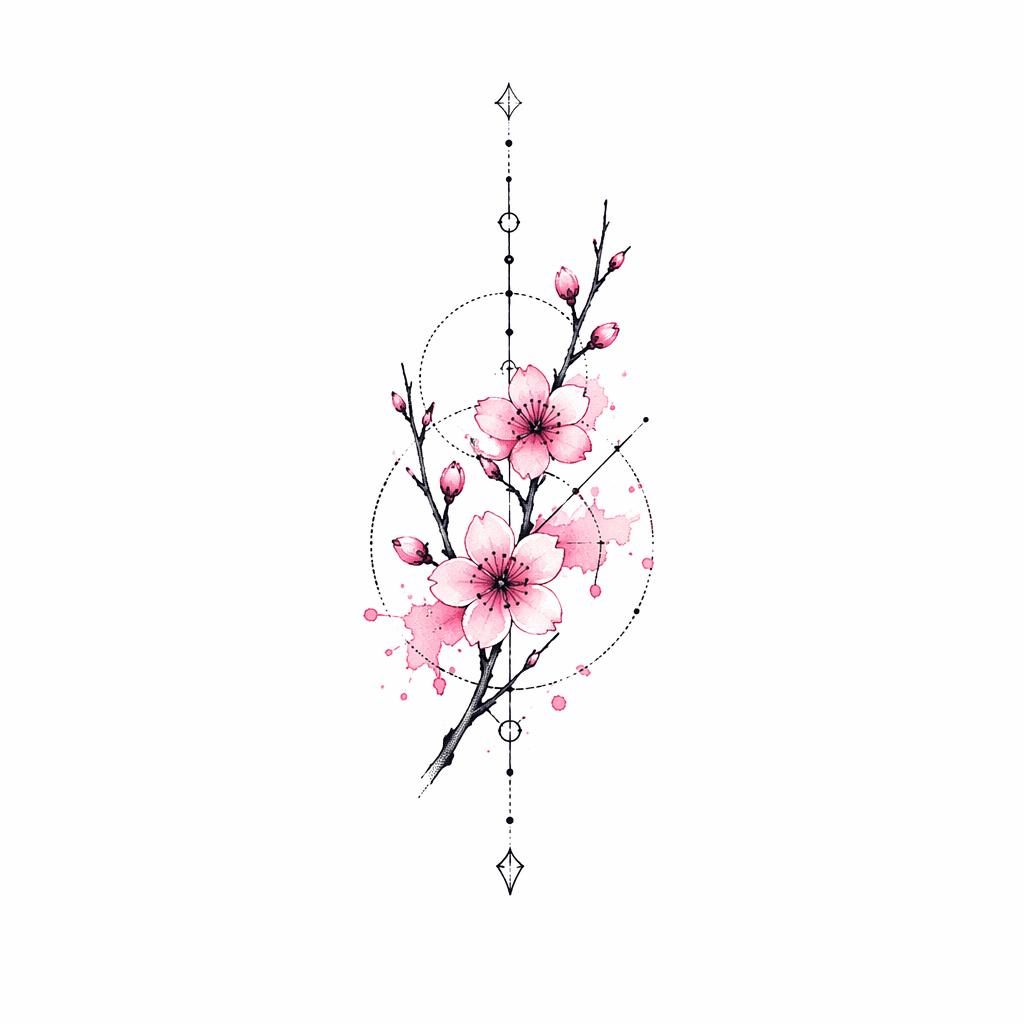 Tiny watercolor cherry blossom branch tattoo design on white paper in geometric dotwork style with sharp high-contrast lines.