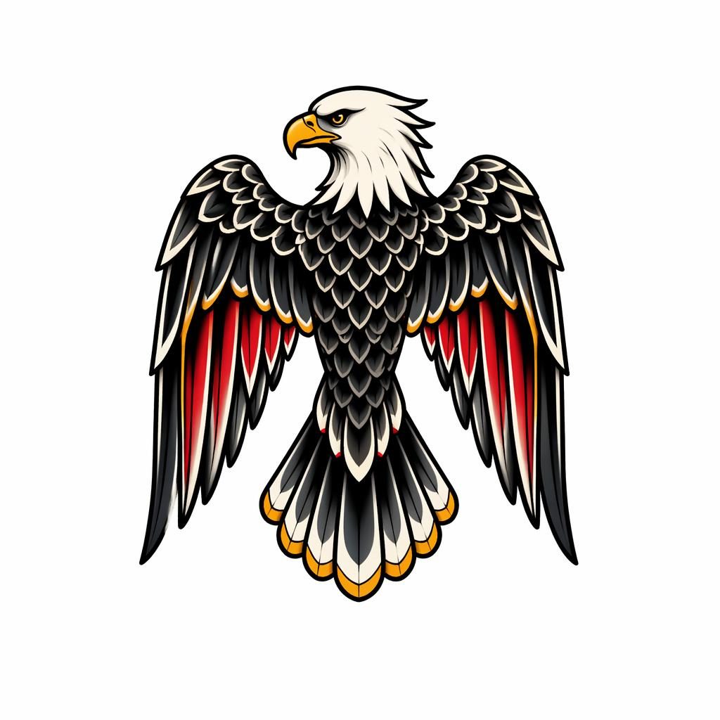 Neo-traditional eagle back tattoo design on white paper, tiny flash-style illustration with bold lines on plain white background.