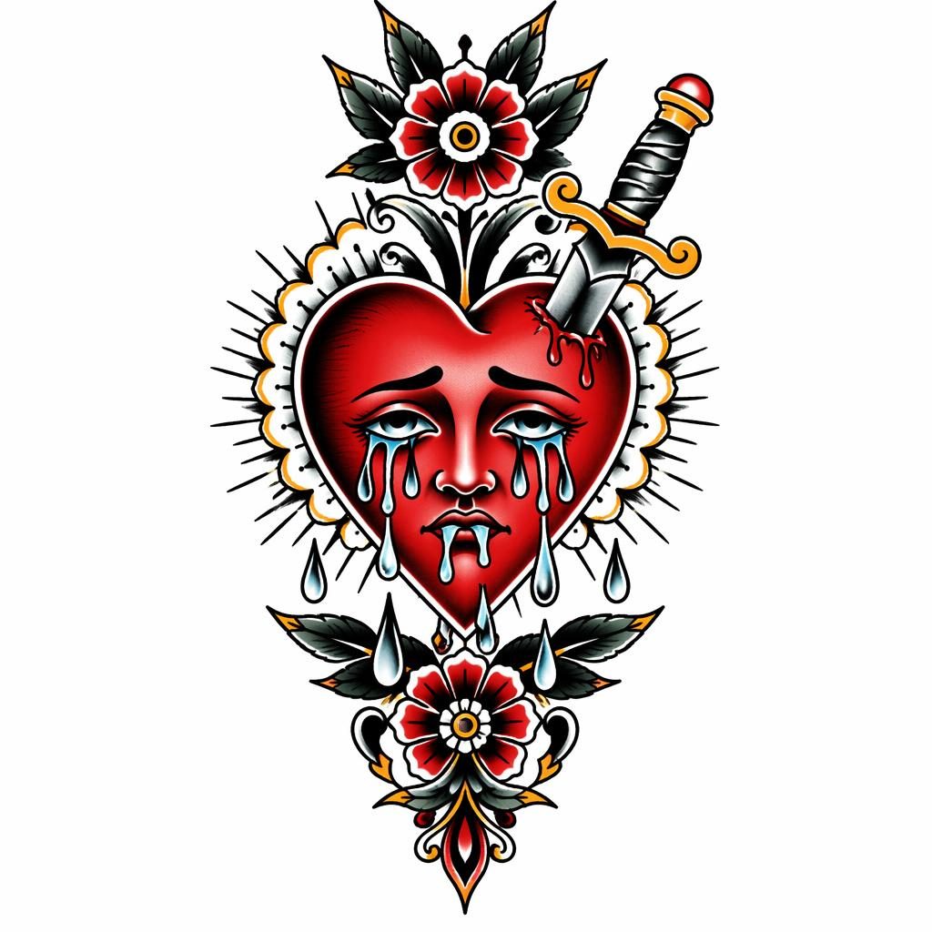 Tattoo-Design eines traditionellen weinenden Herzens auf weißem Papier, klare Linien, hoher Kontrast, Flash-Sheet-Stil