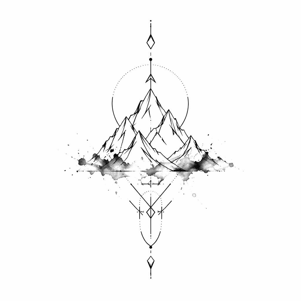 Diseño de tatuaje de montaña minimalista fineline estilo tribal sobre papel blanco, líneas negras nítidas y alto contraste.