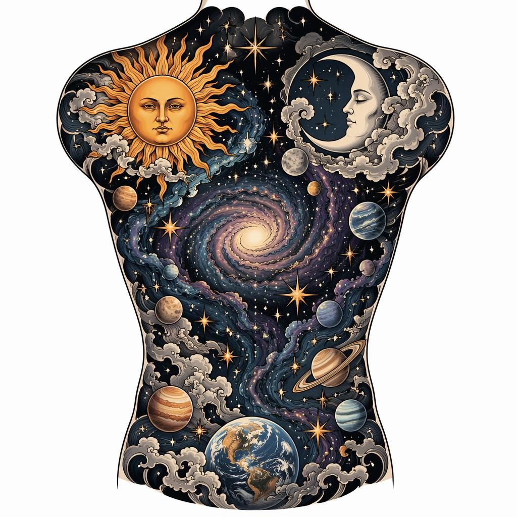 Diseño de tatuaje en papel blanco con cosmos y estrellas, líneas nítidas en estilo irezumi japonés, alto contraste.