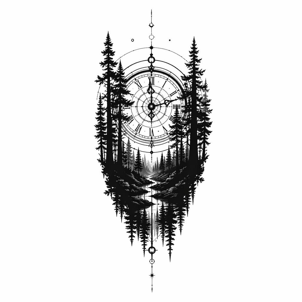 Diseño de tatuaje en papel blanco con silueta de bosque blackwork, alto contraste y líneas nítidas.