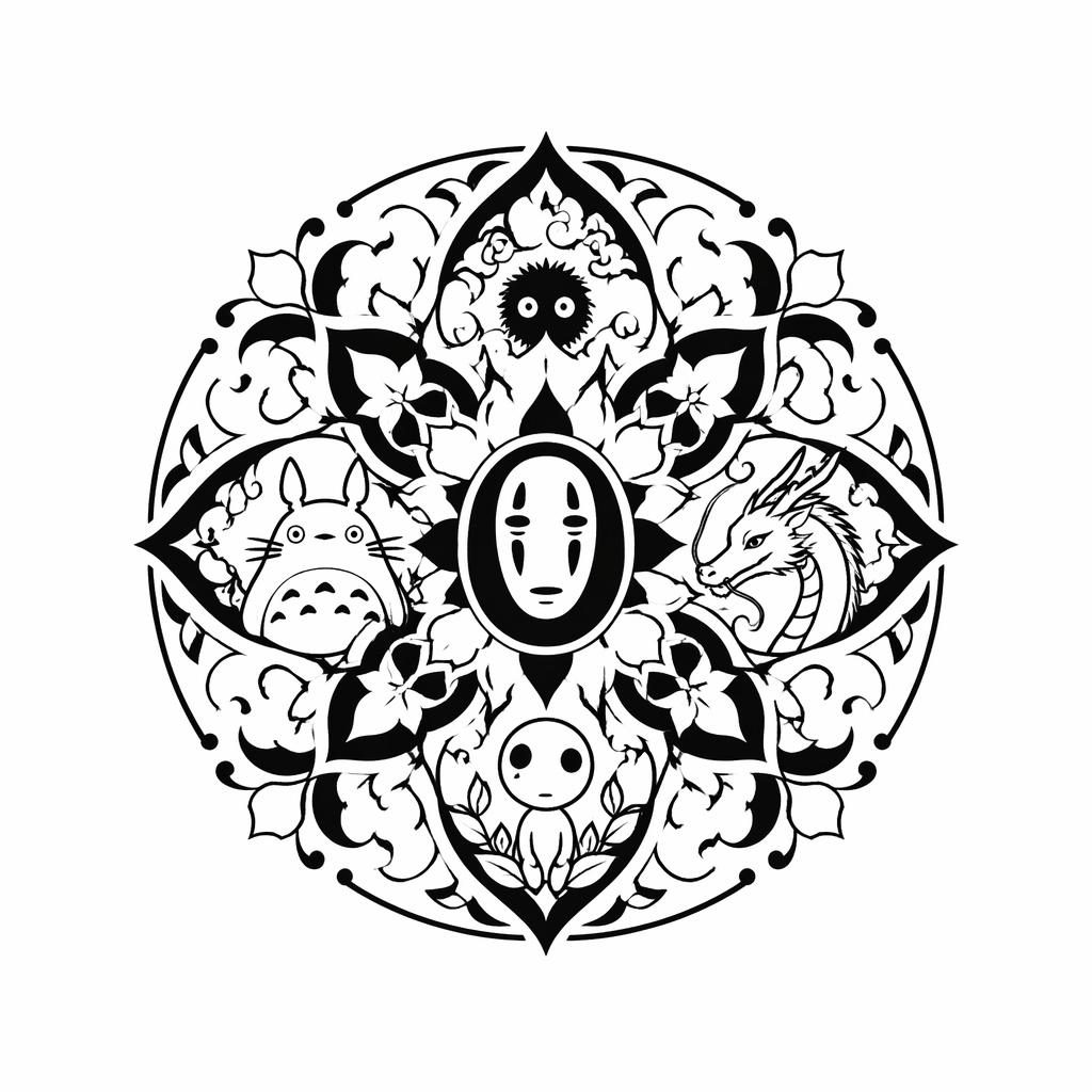 Blackwork mandala back tattoo concept on white paper in Japanese irezumi flash style with sharp lines and plain background.
