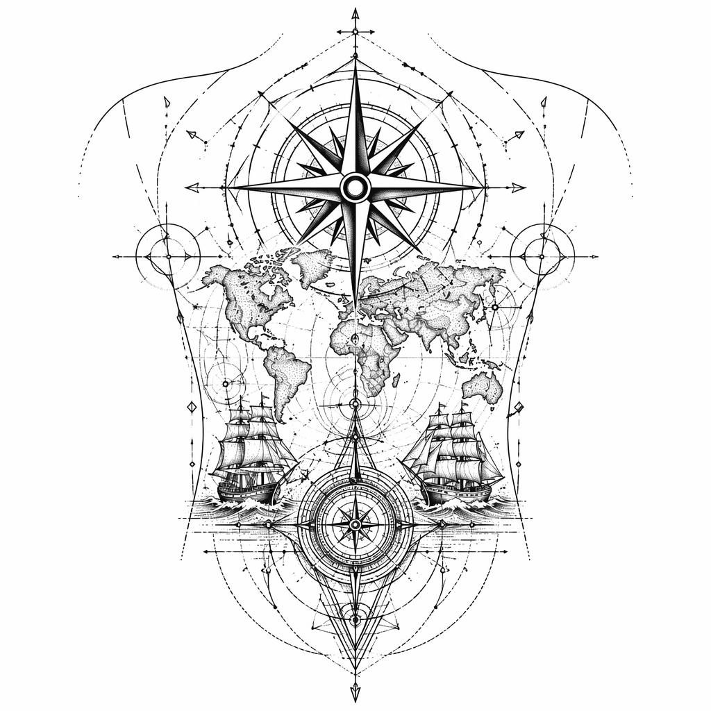 Concept de tatouage de boussole nautique dos complet sur papier blanc, style géométrique dotwork, lignes nettes.