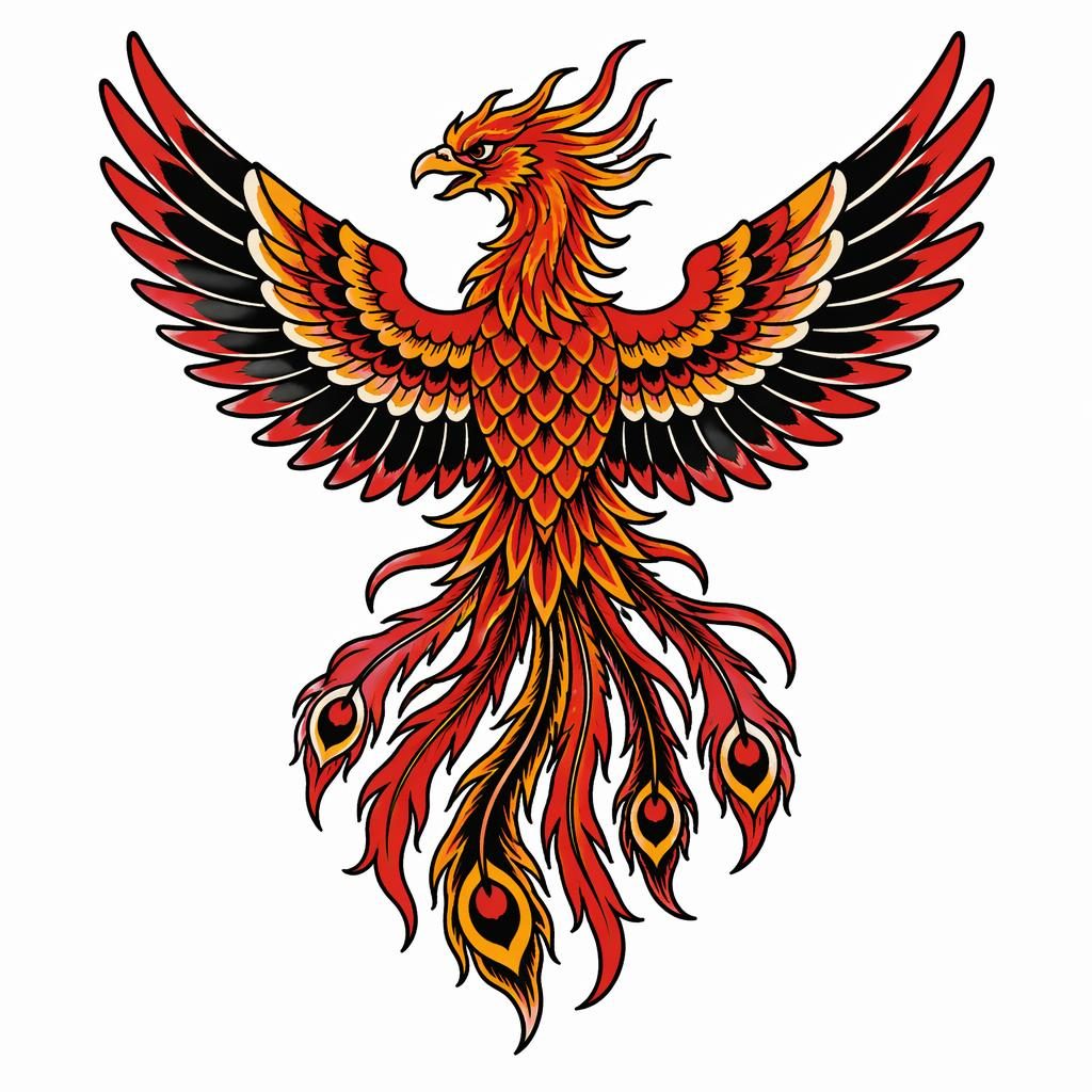 Tattoo-Design eines japanischen Phönix für den Rücken auf weißem Papier, im Traditional-American-Stil.