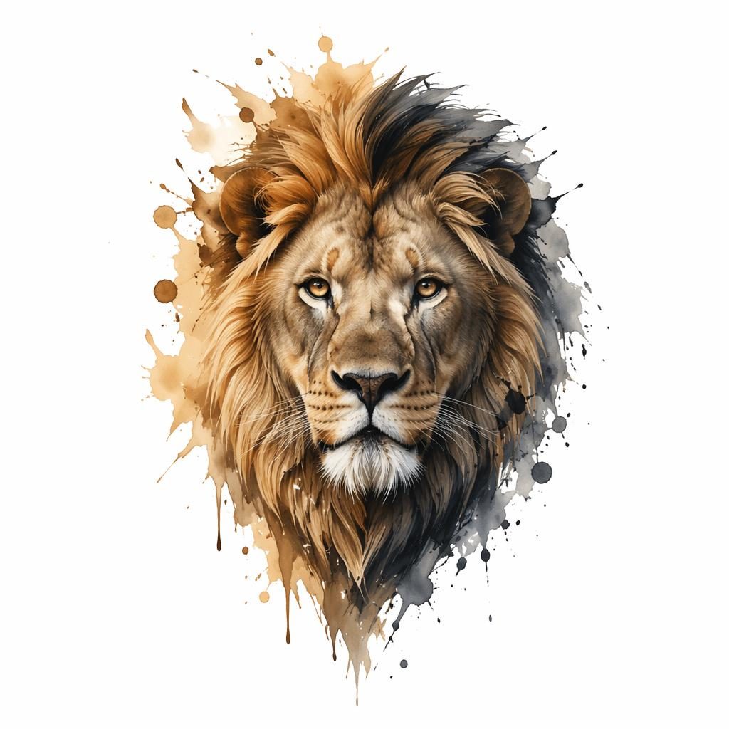 Tattoo-Design auf weißem Papier mit realistischem Löwenporträt im Aquarell-Splash-Stil, klaren Linien und hohem Kontrast