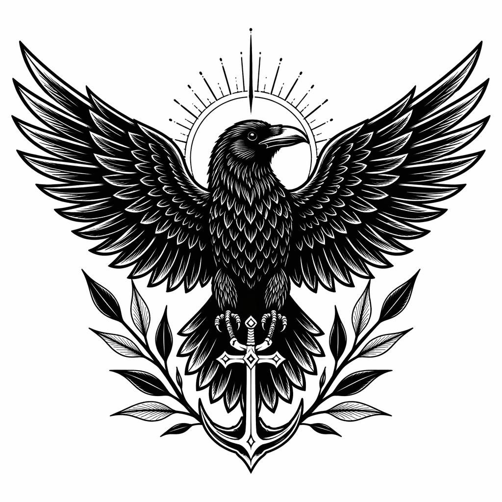 Schwarzer Blackwork-Rabe mit ausgebreiteten Flügeln als Neo-Traditional-Tattooentwurf auf weißem Papier.