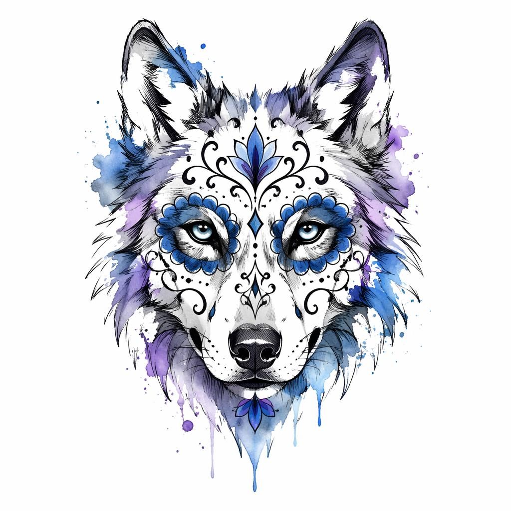 Sketch-style tattoo design on white paper showing a watercolor wolf face with sharp linework and high contrast.