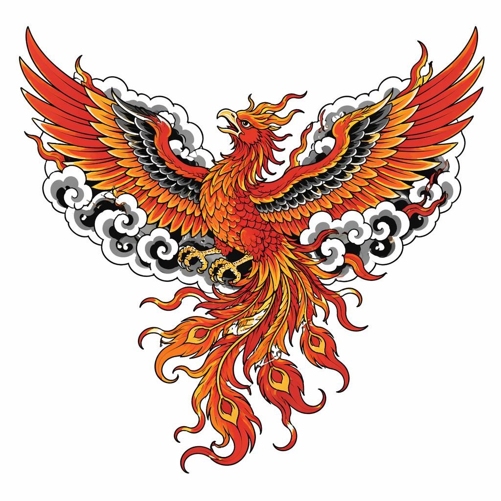 Tattoo-Design auf weißem Papier: kleiner Phoenix als Chest Piece im japanischen Irezumi-Stil, klare Linien, hoher Kontrast.