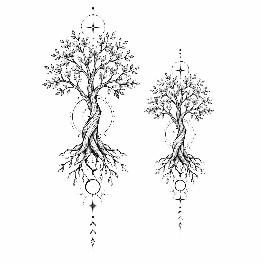 Blackwork dotwork tree tattoo design on white paper in fineline minimalist flash-sheet style with sharp lines.
