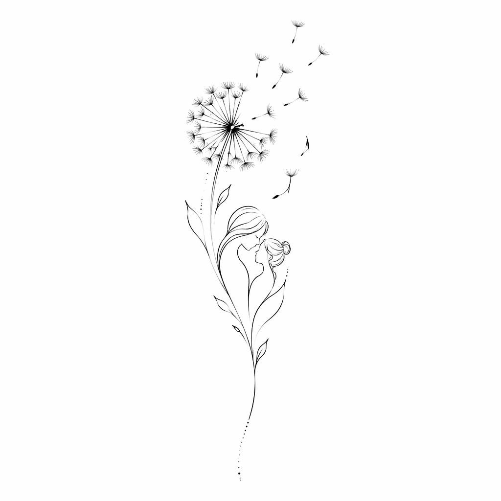 Diseño de tatuaje de diente de león fineline minimalista en papel blanco, líneas negras nítidas, estilo flash limpio.