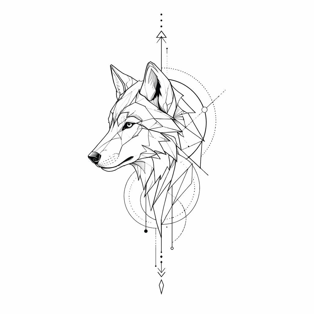 Blackwork geometric wolf tattoo design on white paper, fineline minimalist style with sharp high-contrast lines.