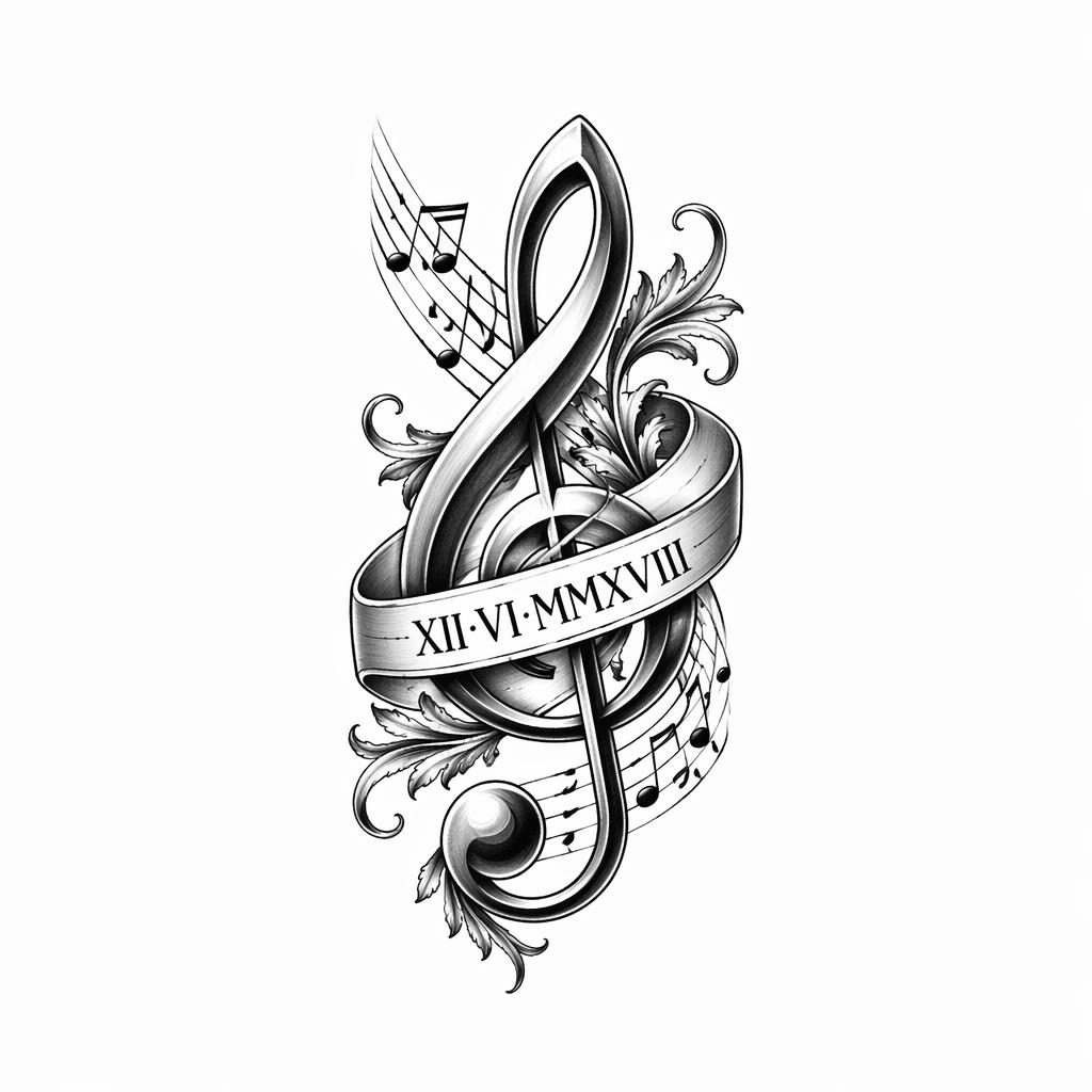 Clean tattoo flash design on white paper showing a roman numeral wrist date concept with sharp black lines