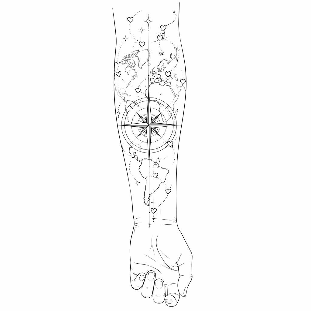 Diseño de tatuaje fineline minimalista en papel blanco con brújula y mapa, líneas negras nítidas y alto contraste.