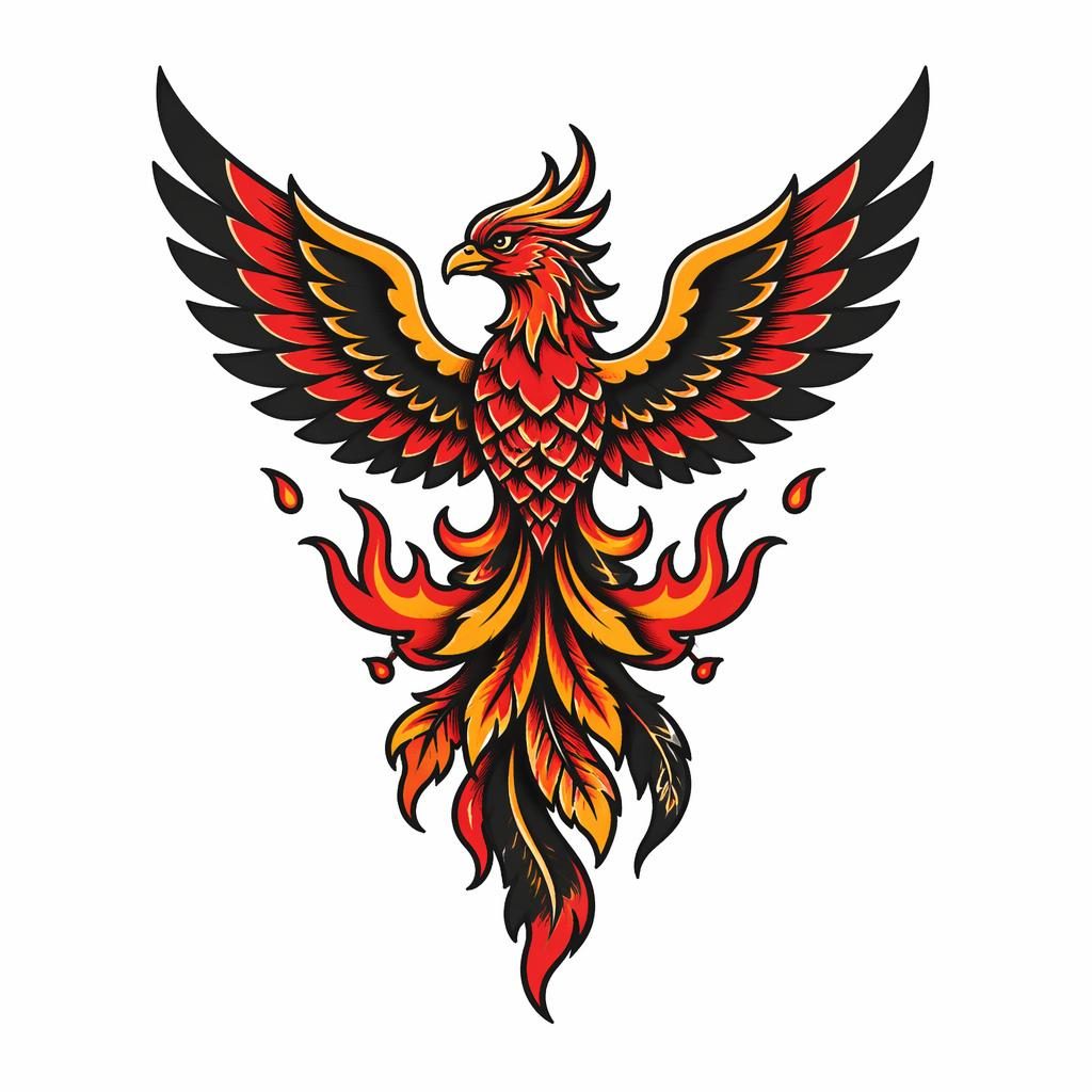 Traditional flash-style tattoo concept on white paper with a small high-contrast phoenix rising design and sharp black lines.