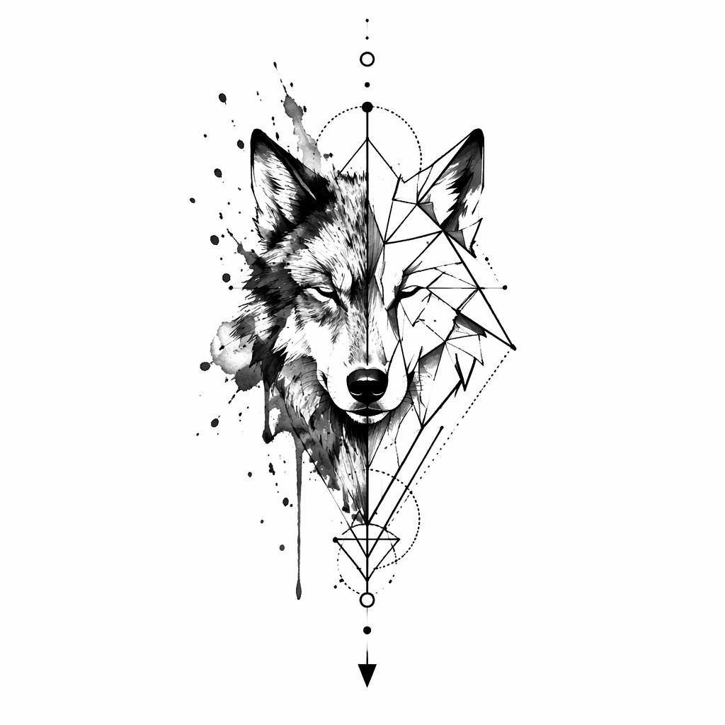 Blackwork geometrischer Wolf als Tattoo-Entwurf auf weißem Papier, mit Aquarell-Splash, scharfen Linien und hohem Kontrast.