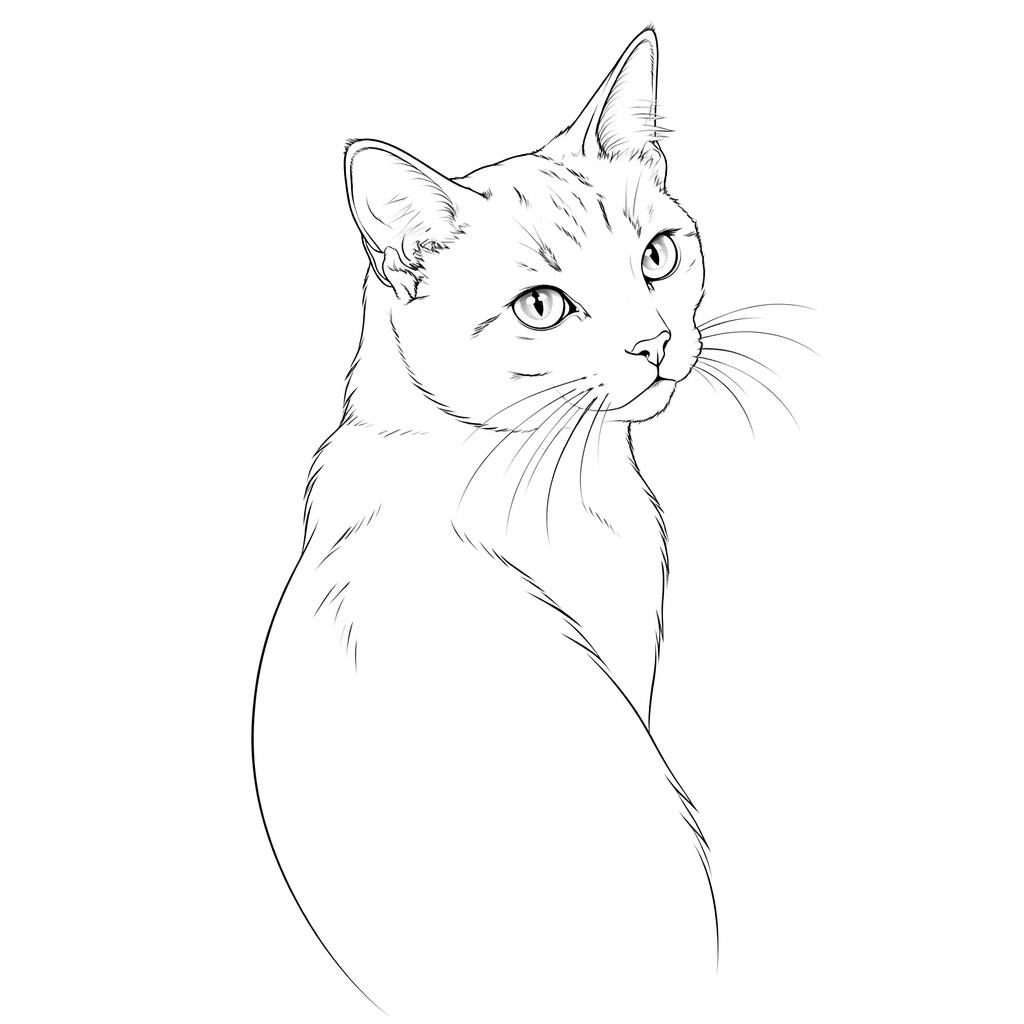 Minimalistische Fineline-Katzenkontur als Tattoo-Design auf weißem Papier, scharfe Linien, hoher Kontrast.