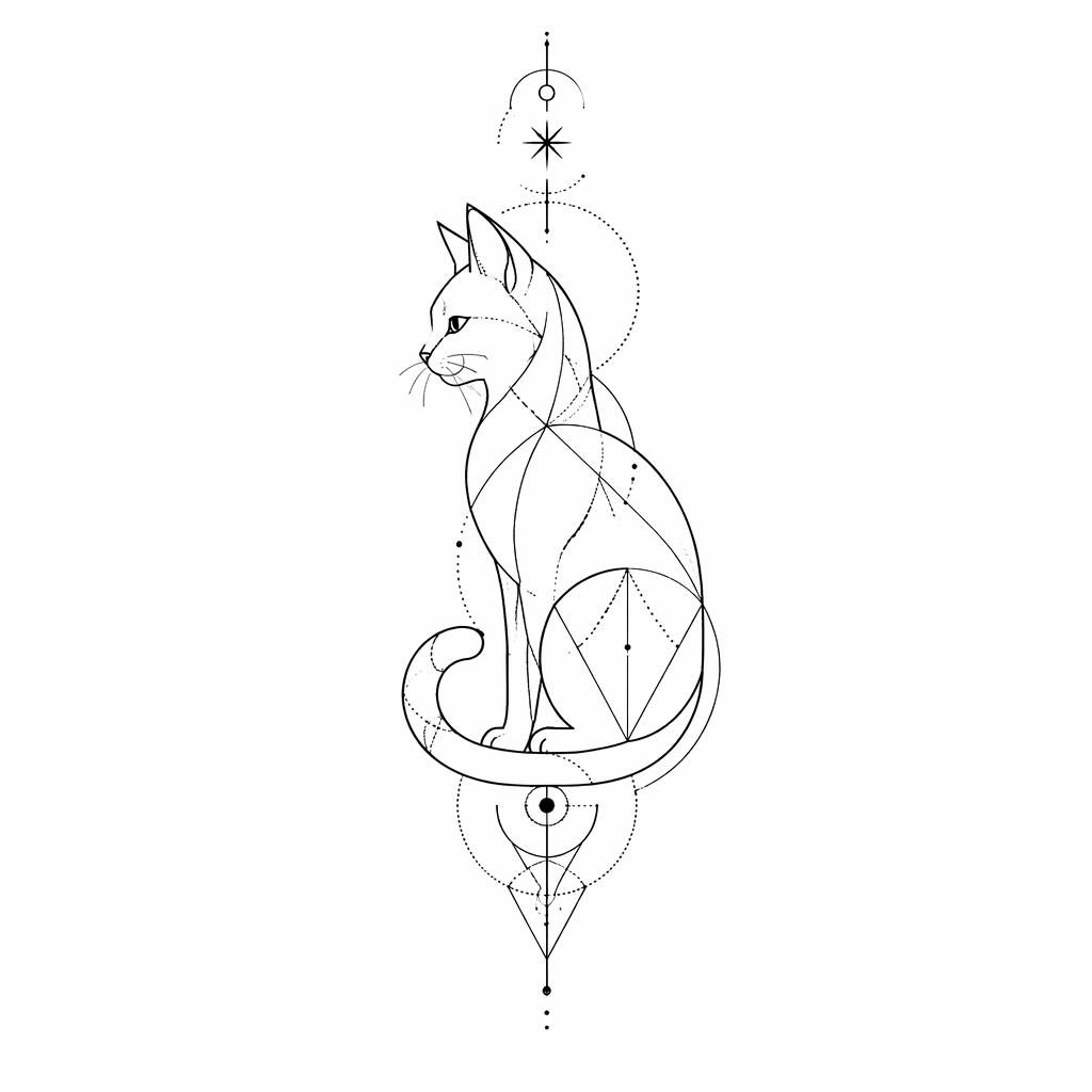 Minimalistische Fineline-Katzenkontur auf weißem Papier, geometrisch mit Dotwork, als klare Tattoo-Flash-Vorlage
