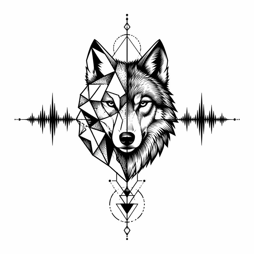 Blackwork geometric wolf tattoo design on white paper, neo-traditional flash style with sharp lines and high contrast.