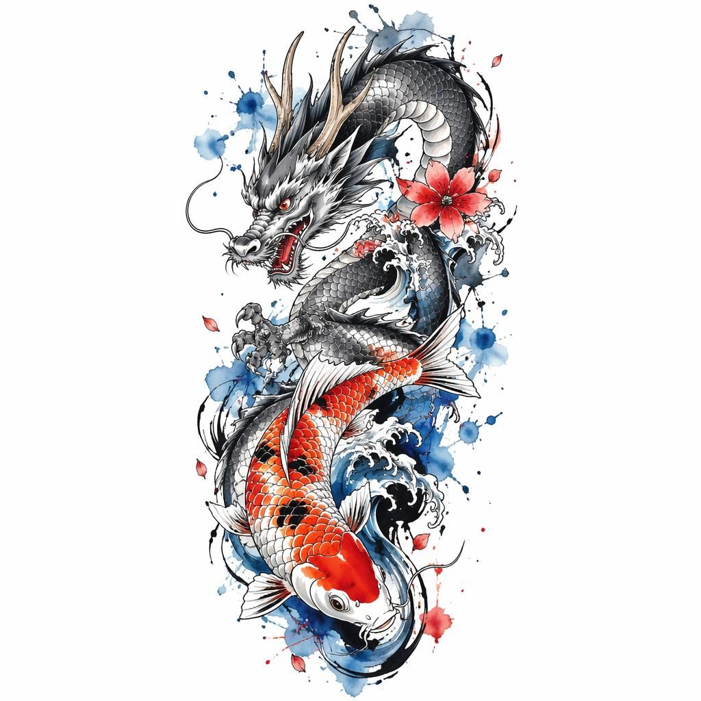Tattoo-Design auf weißem Papier: japanischer Koi-Drache als Sleeve in Aquarell-Splash mit klaren Linien