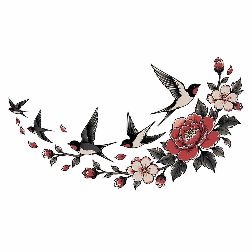 Tattoo-Design auf weißem Papier: Vogelschwarm als Trail fürs Schlüsselbein, klare Irezumi-Linien, hohe Kontraste.