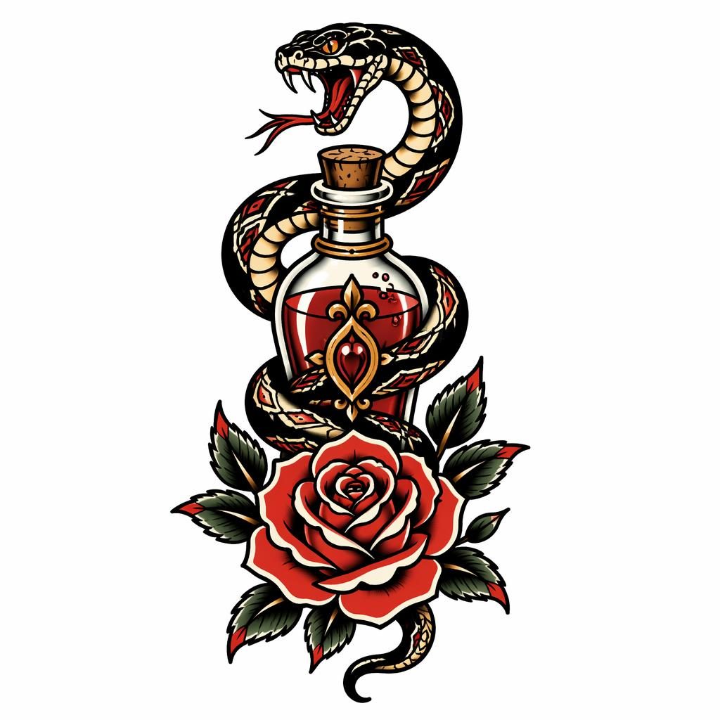 Traditional tattoo flash concept on white paper showing a snake and rose in sharp black linework on a plain white background.