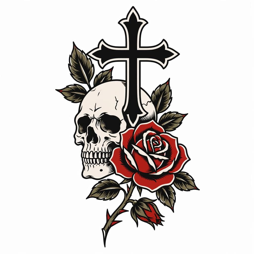 Tattoo-Design auf weißem Papier mit traditionellem Totenkopf, Rose und klaren Linien im Flash-Sheet-Stil.