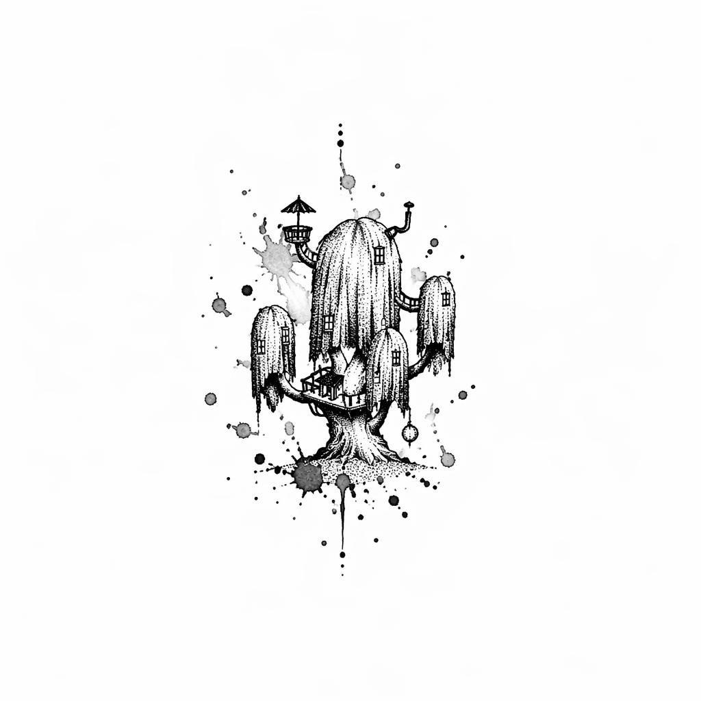 Tiny blackwork dotwork tree tattoo design on white paper with watercolor splash accents, high contrast and sharp lines.