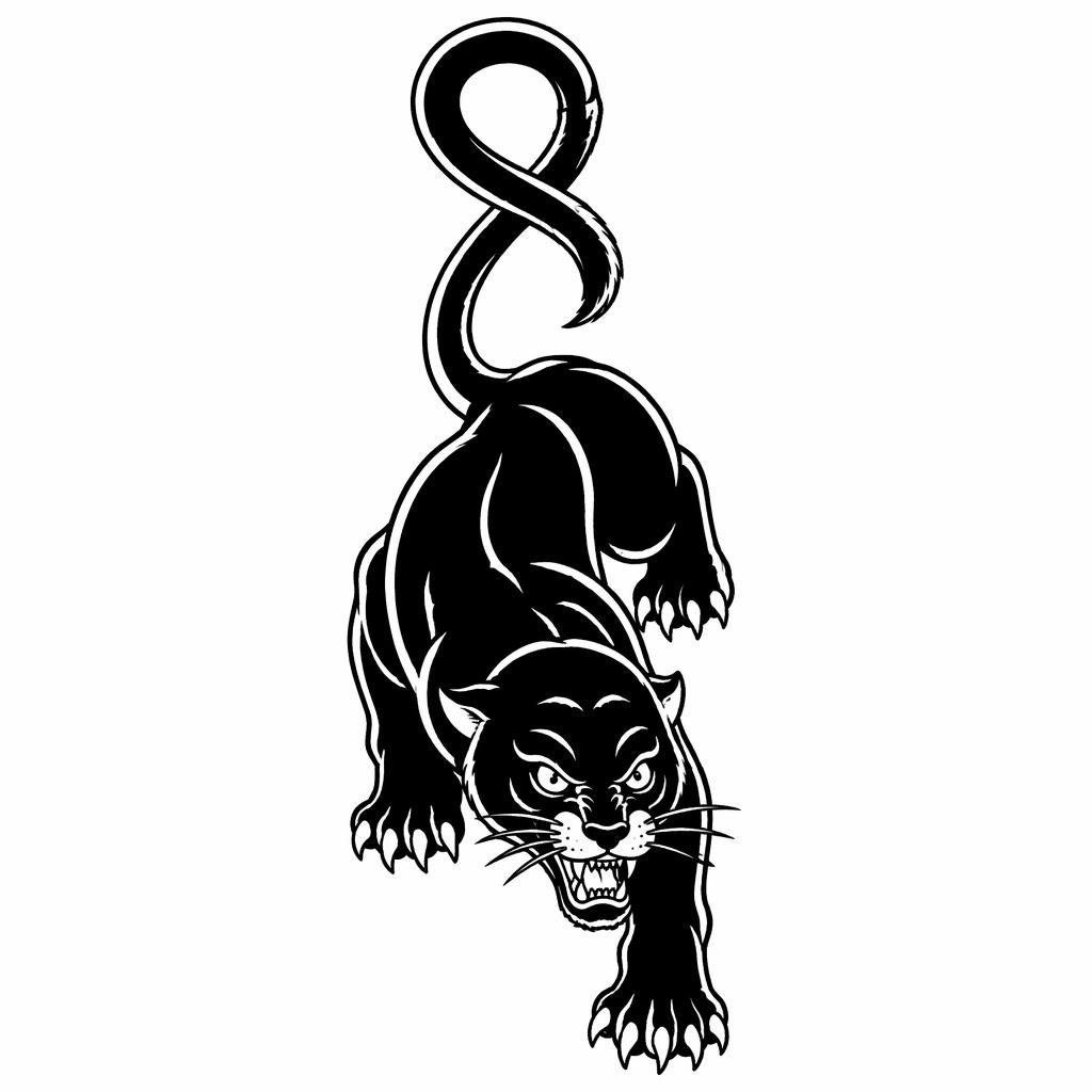 Diseño de tatuaje de pantera tradicional reptando en blackwork sobre papel blanco, líneas gruesas y alto contraste.