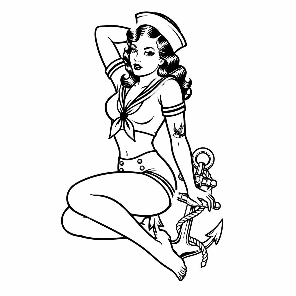 Traditional Sailor Jerry pinup tattoo sketch in black linework on white paper, flash-sheet style for rib cage placement.