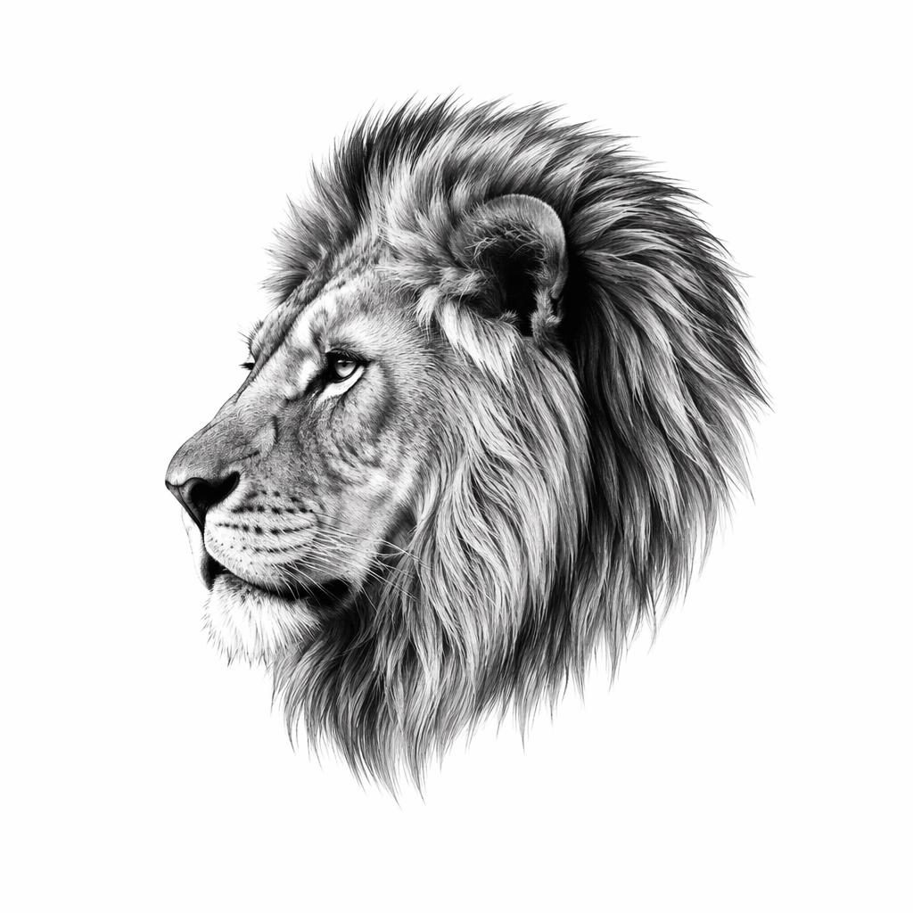 Realism lion portrait tattoo design on white paper, high contrast with sharp clean lines, flash-sheet style.