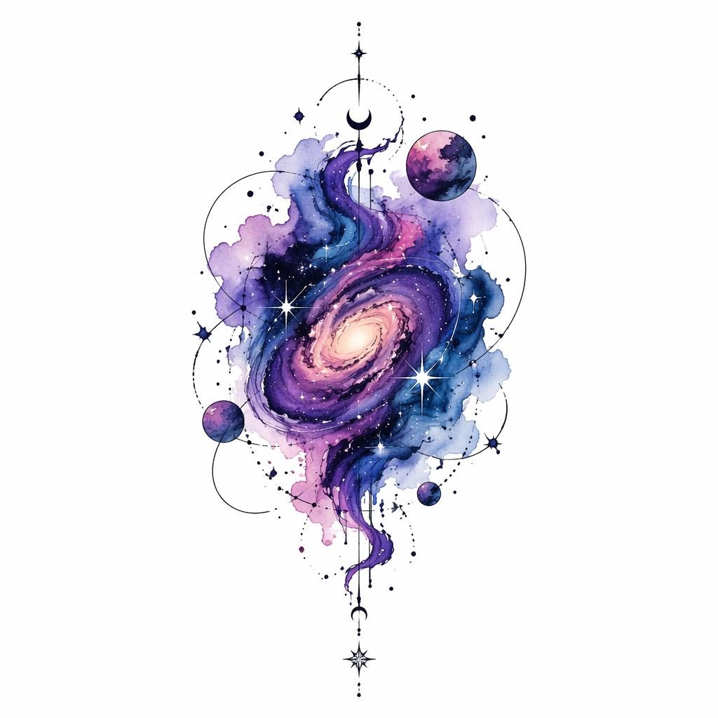 Tattoo-Design auf weißem Papier: abstrakte Aquarell-Galaxie im Neo-Traditional-Stil, klare Linien, hoher Kontrast