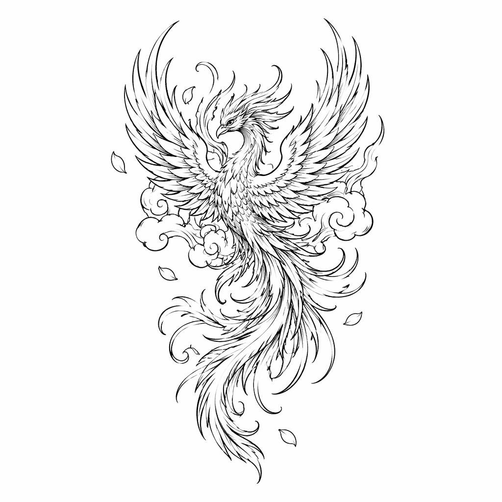 Diseño de tatuaje de fénix japonés en linework sobre papel blanco, estilo flash limpio, pensado para costilla.