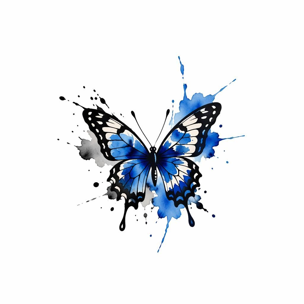 Tiny watercolor butterfly splash tattoo design on white paper in Japanese irezumi flash style with sharp black lines.