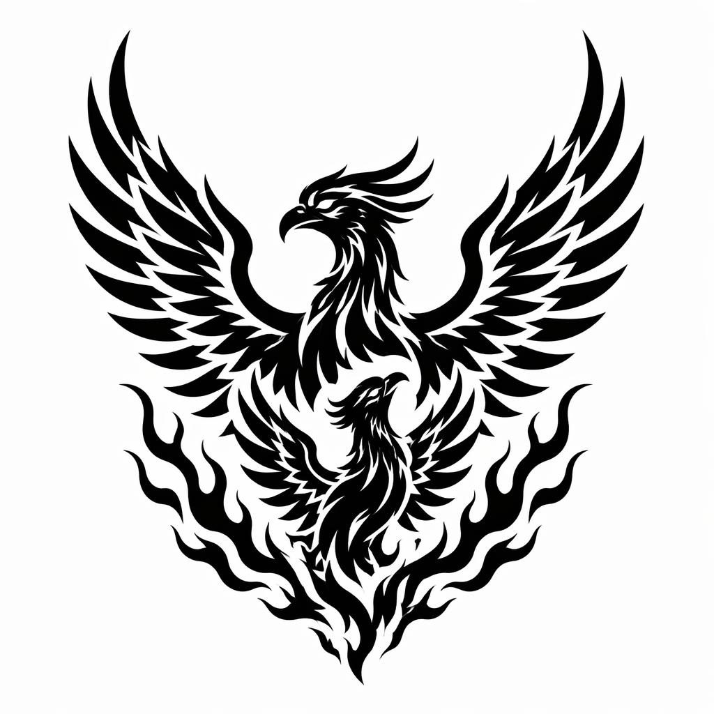 Blackwork phoenix rising tattoo flash on white paper with bold lines, high contrast, and clean small-scale forearm design.